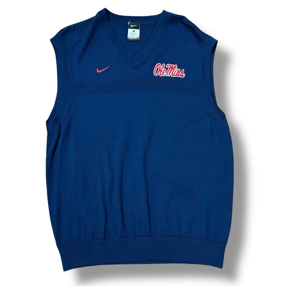 Vtg Nike Ole Miss Rebels Sweater Vest 100% Merino Wool Tressell V Neck Size M - Picture 1 of 8